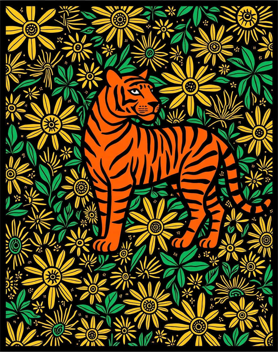 Orange Tiger Among Yellow FloralBloom Rug