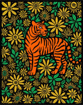 Orange Tiger Among Yellow FloralBloom Rug