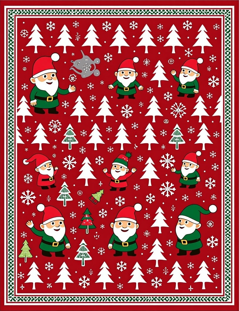 Red Christmas Gnomes Trees Snowflakes Border Rug