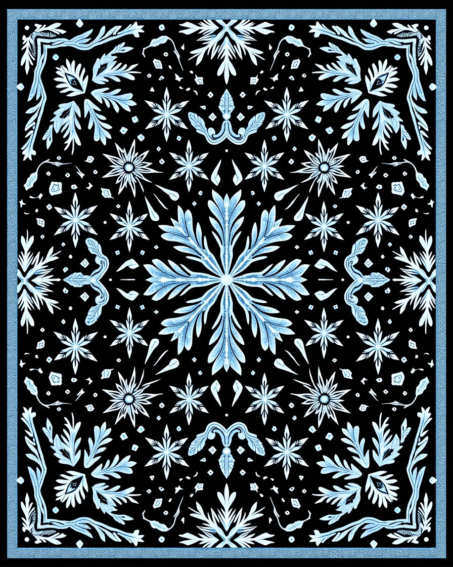 Black White Blue Symmetric Snowflakes Rug