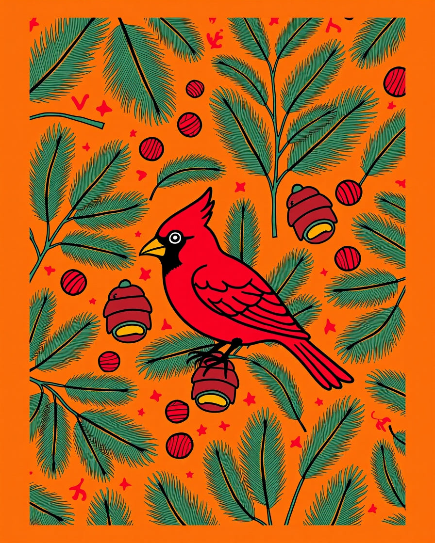 Vibrant Red Cardinal Pinecone Scene Rug