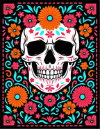 Vibrant Floral Skull With A Black Background Rug
