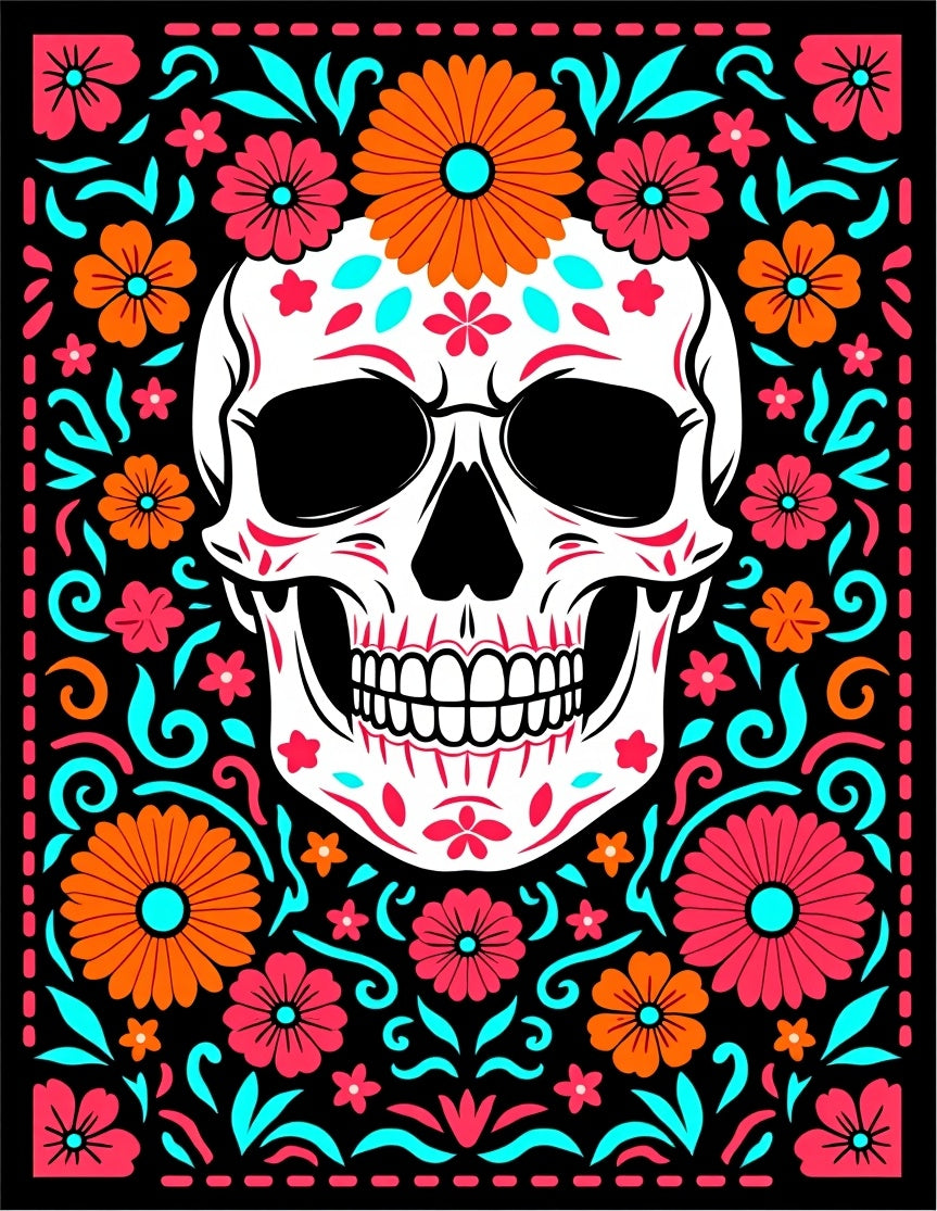 Vibrant Floral Skull With A Black Background Rug