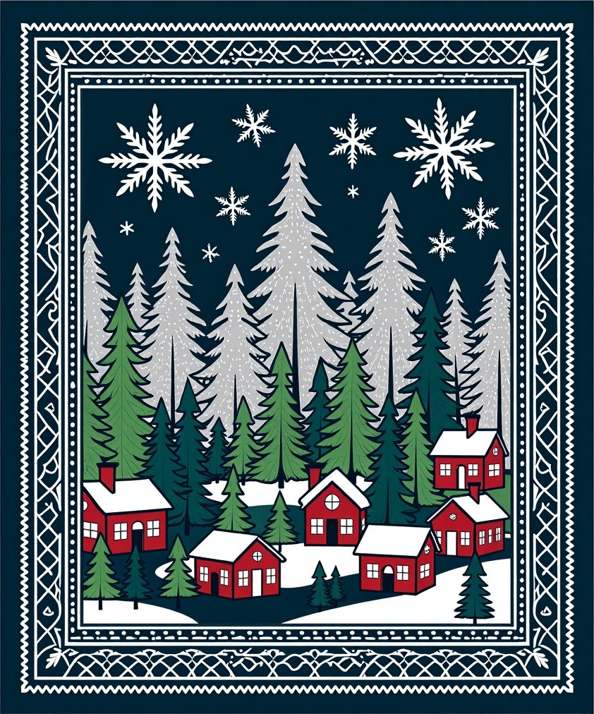 Snowy Village Forest Winter Scene Rug