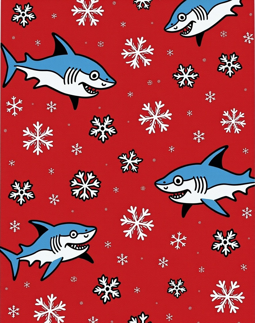 Whimsical Blue Sharks Snowflakes Red Rug