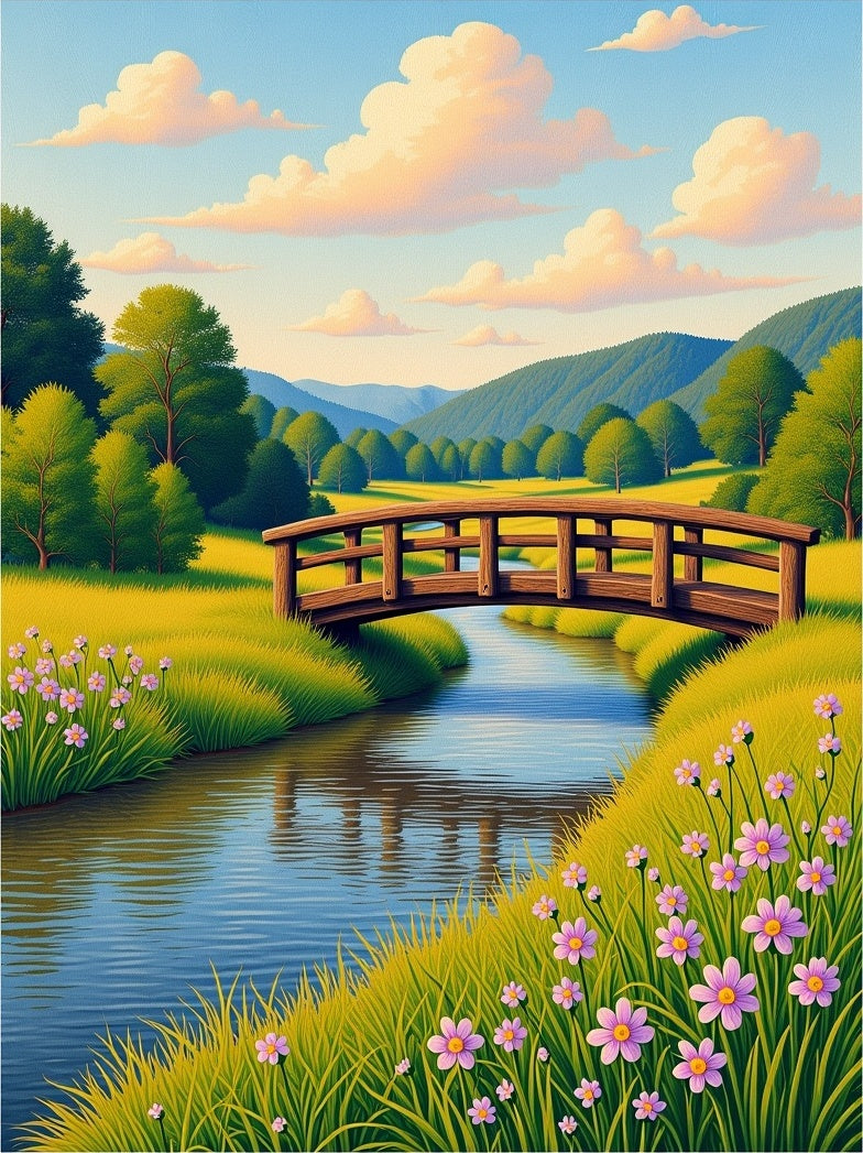 Serene Woodland Bridge Pink Floral Meadow Rug