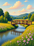 Serene Woodland Bridge Pink Floral Meadow Rug