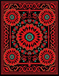 Vibrant Red Floral Medallions Black Rug