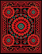 Vibrant Red Floral Medallions Black Rug