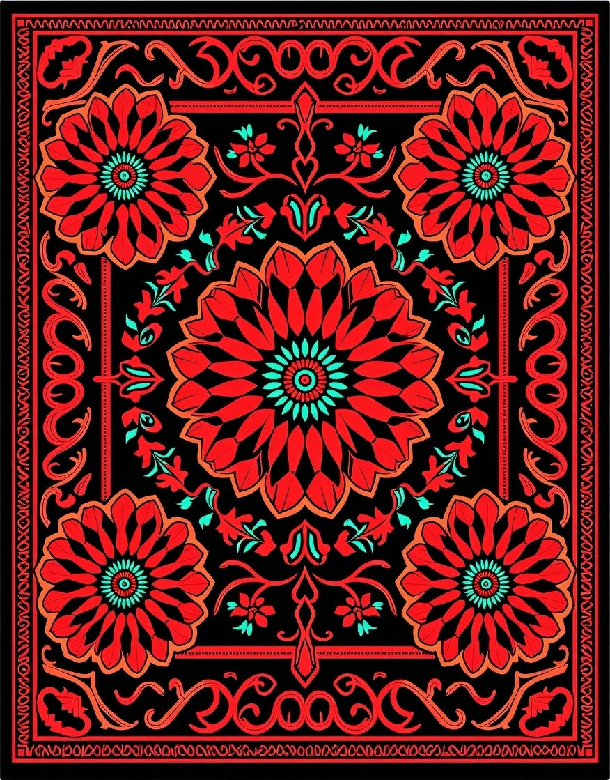 Vibrant Red Floral Medallions Black Rug