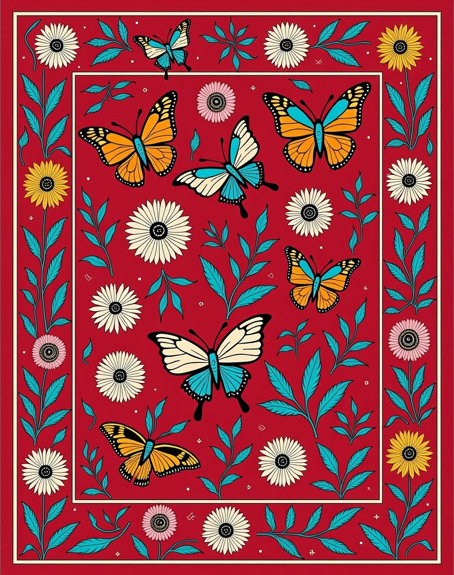 Vibrant Red Butterfly Garden Collage Rug