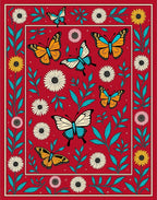 Vibrant Red Butterfly Garden Collage Rug