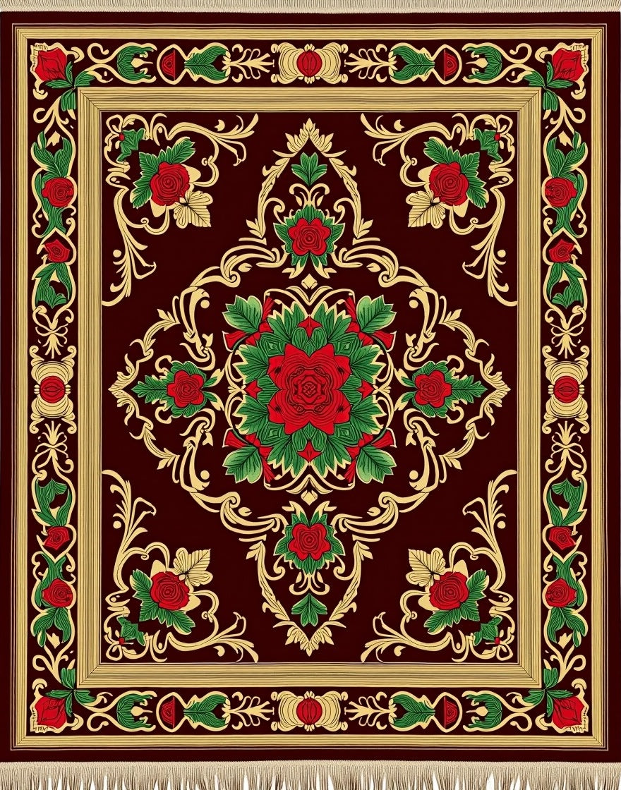Deep Red Floral Medallion Golden Vine Rug