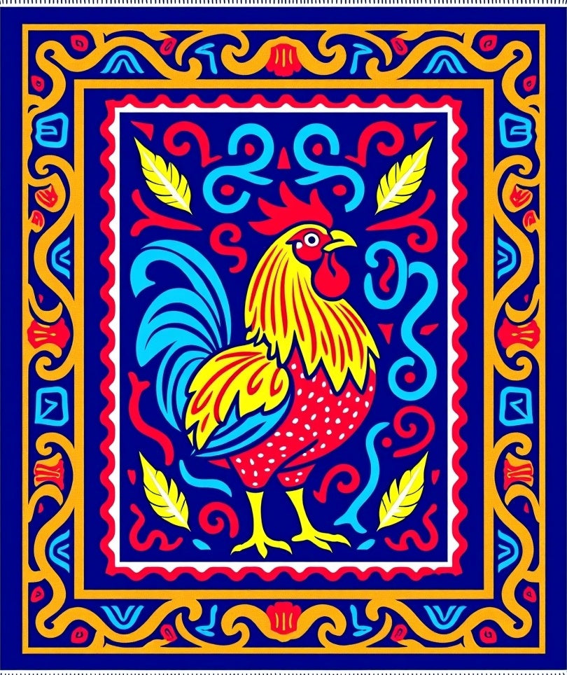 Vibrant Rooster Folk Art Rug