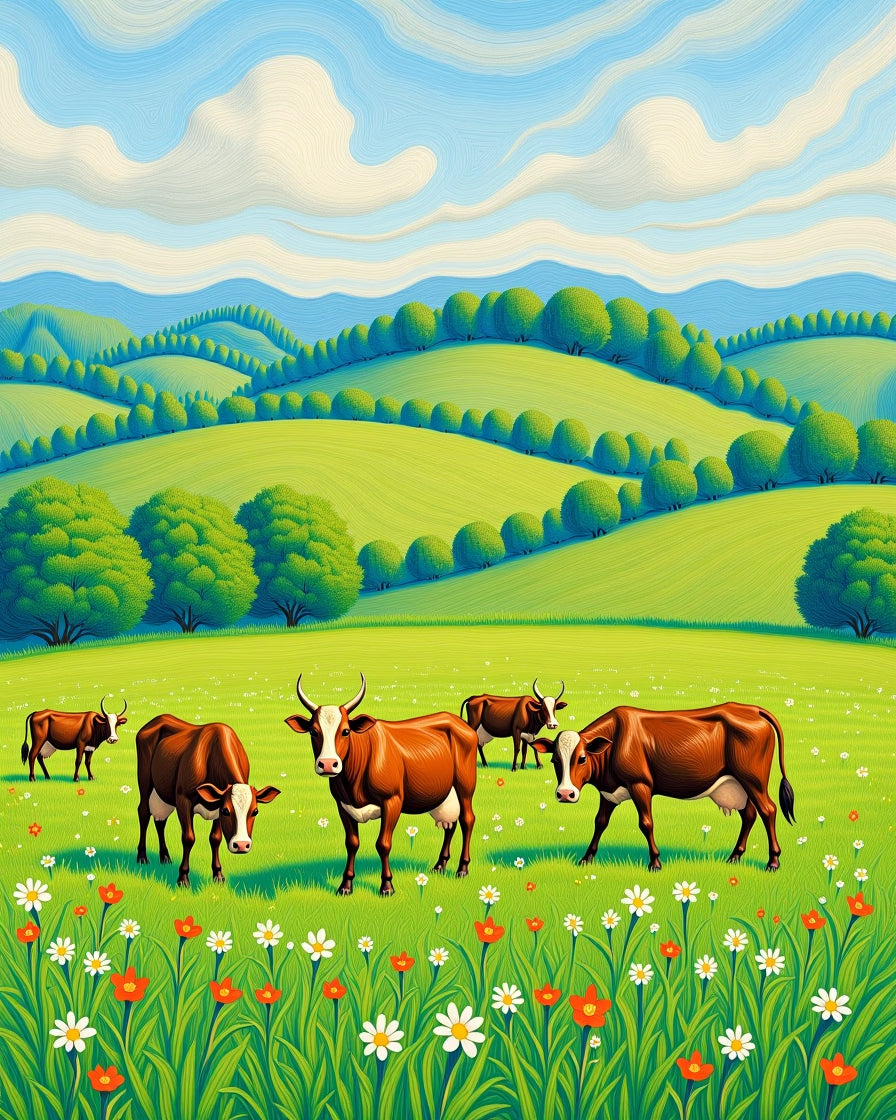 Pastoral Rolling Hills Cow Meadow Rug