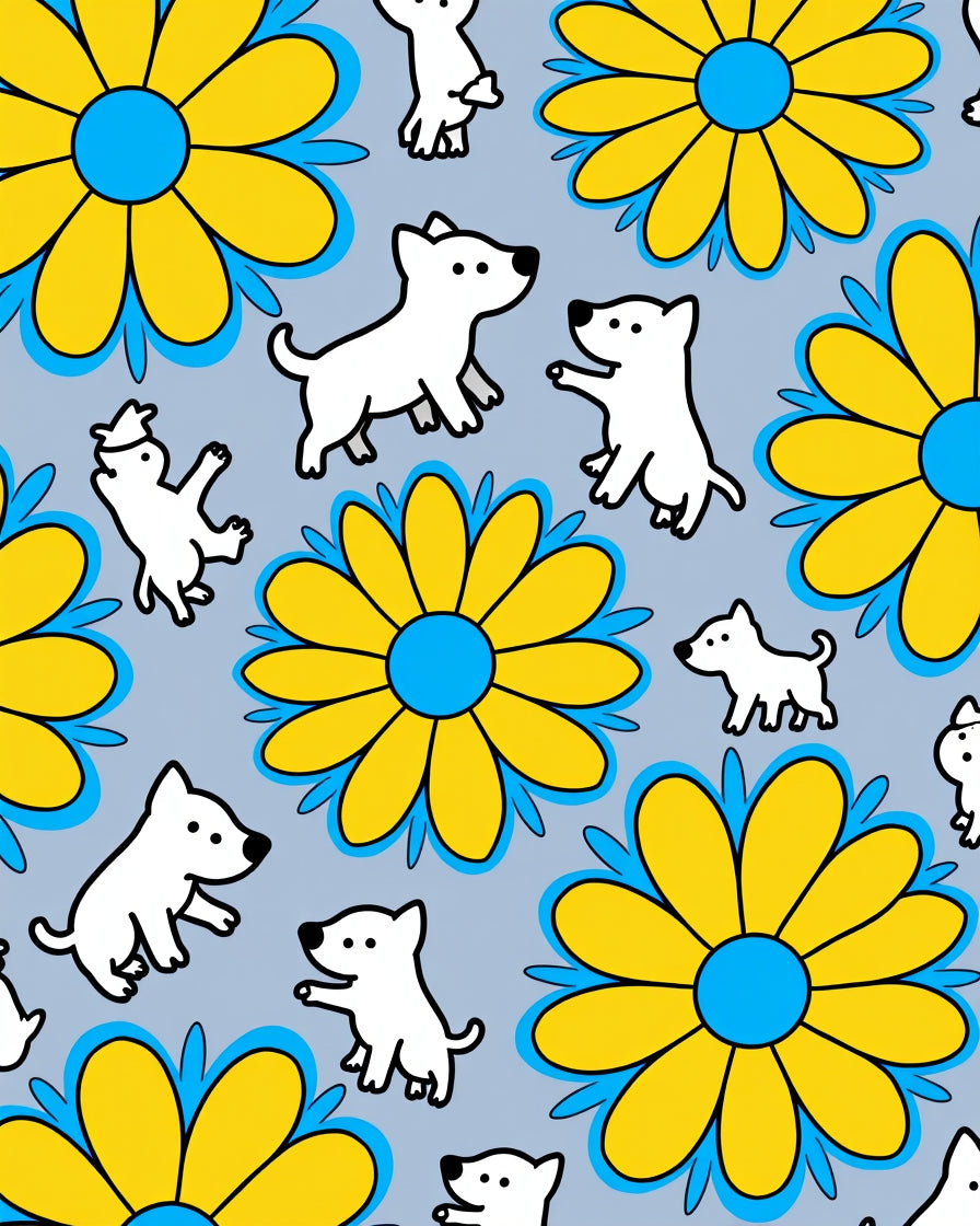 Playful White Dogs Yellow Flower Garland Rug