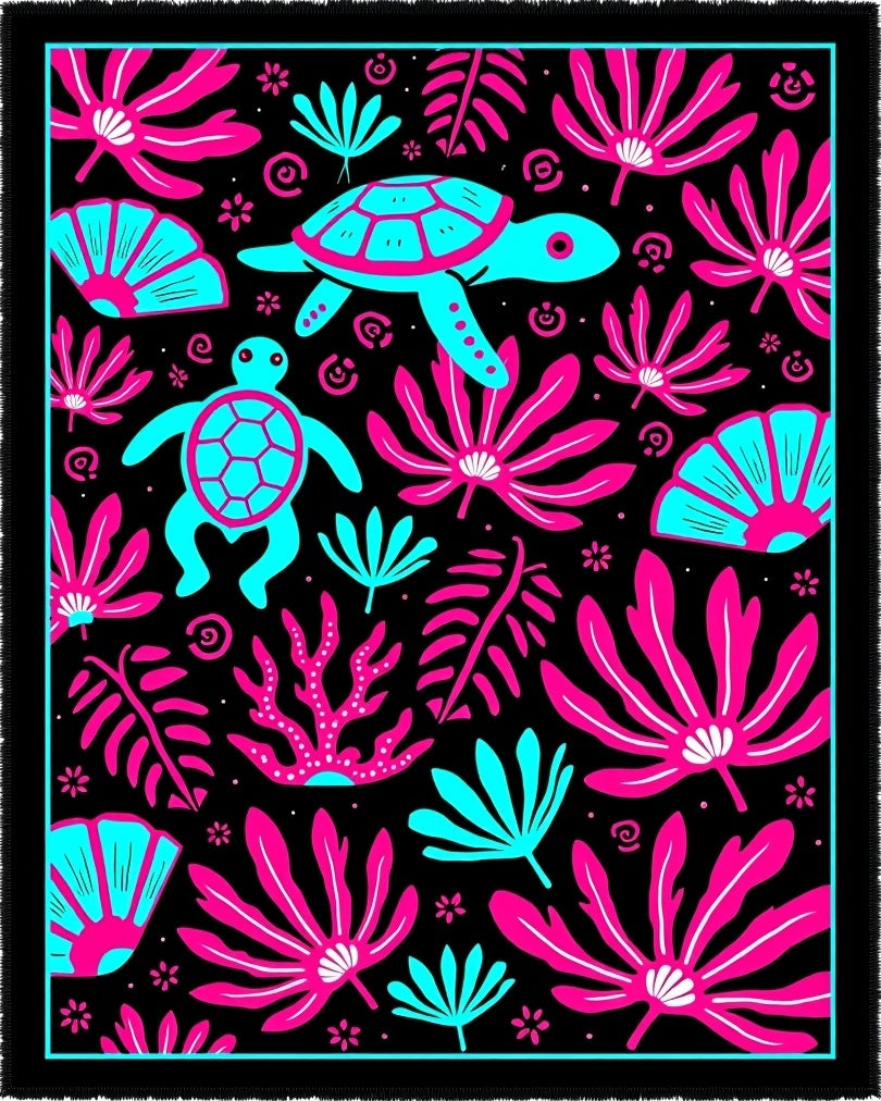 Tropical Ocean Turtle Coral Black Rug