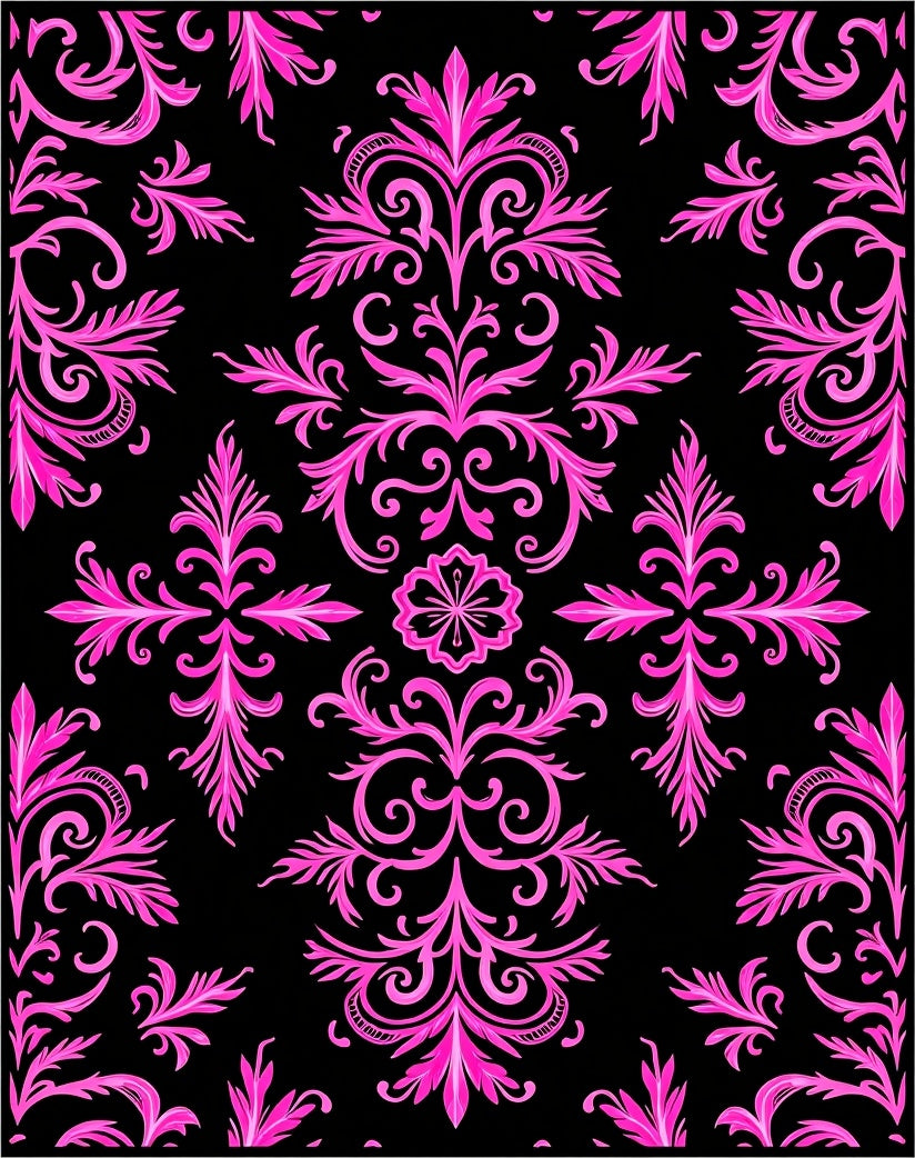 Vibrant Pink Baroque Swirl Black Rug