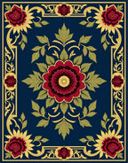 Crimson Floral Gold Trim Navy Rug