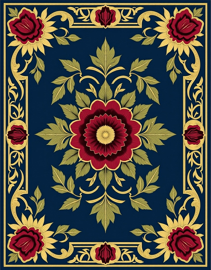 Crimson Floral Gold Trim Navy Rug