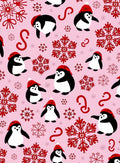 Red Penguins with Snowflakes Pink Rug