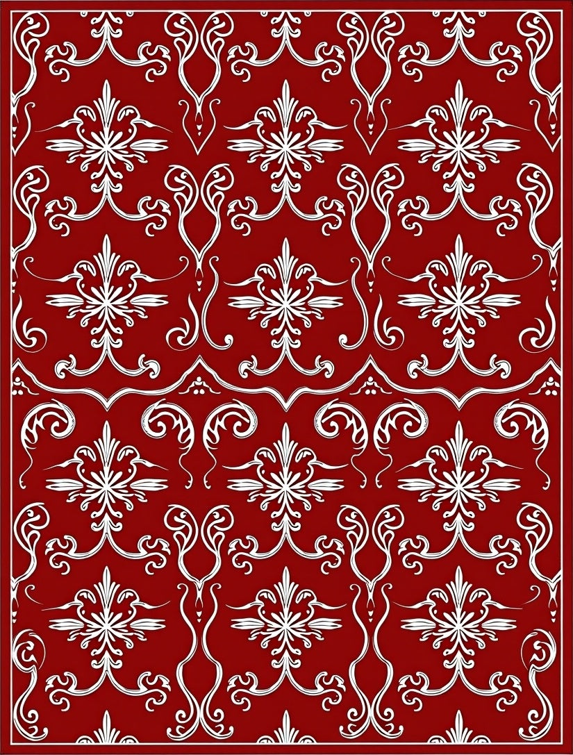 Deep Red White Damask Floral Scroll Rug