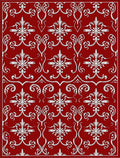 Deep Red White Damask Floral Scroll Rug