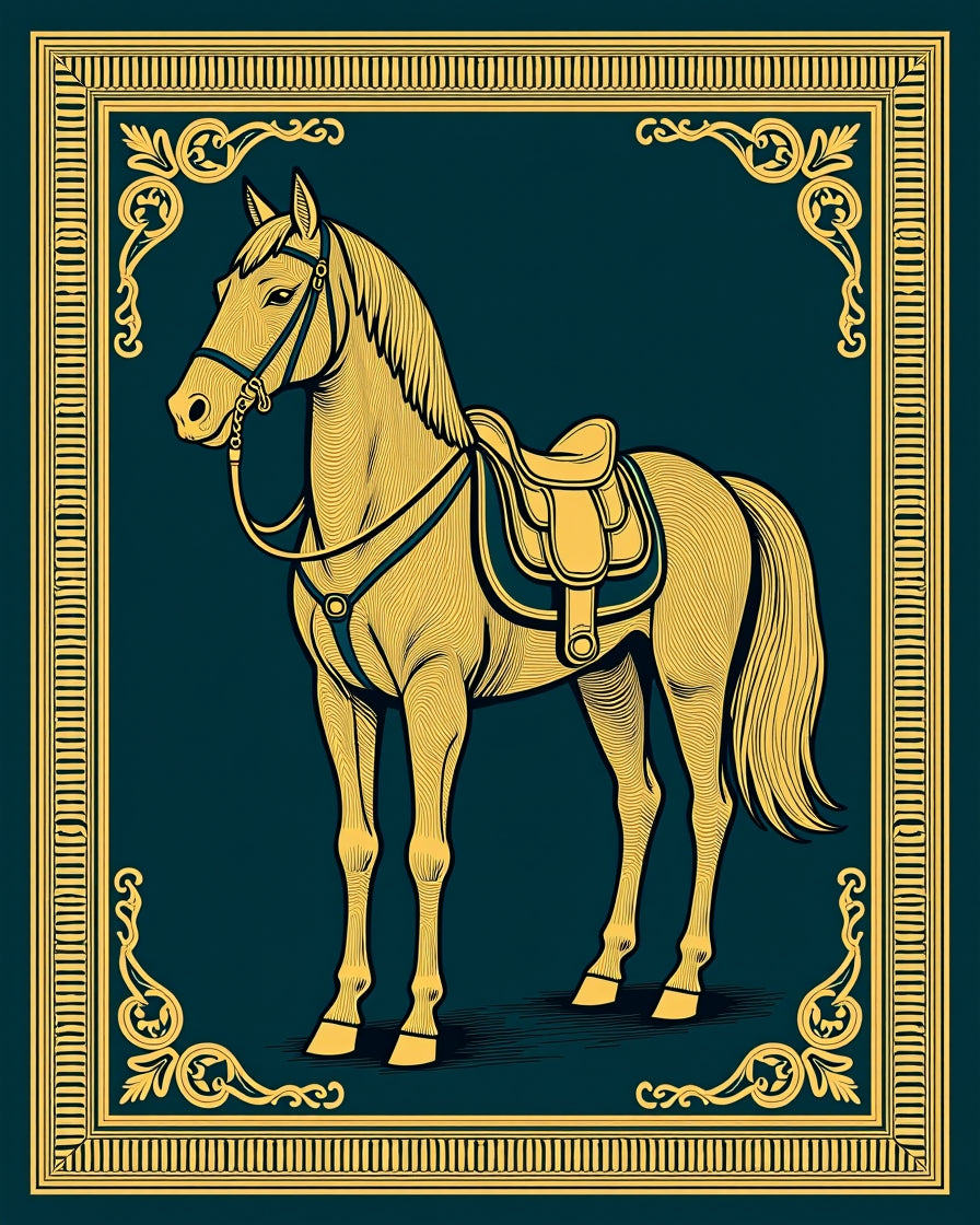 Elegant Golden Horse Framed Illustration Rug