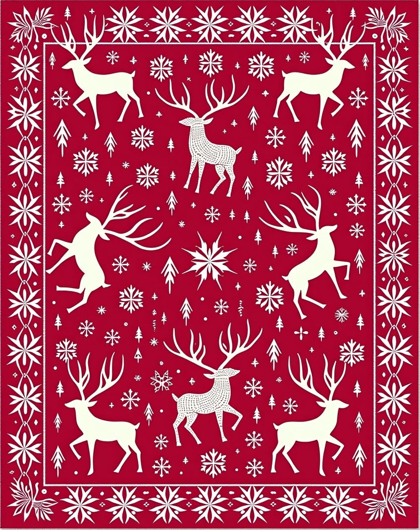 Crimson Reindeer Snowflake Border Rug