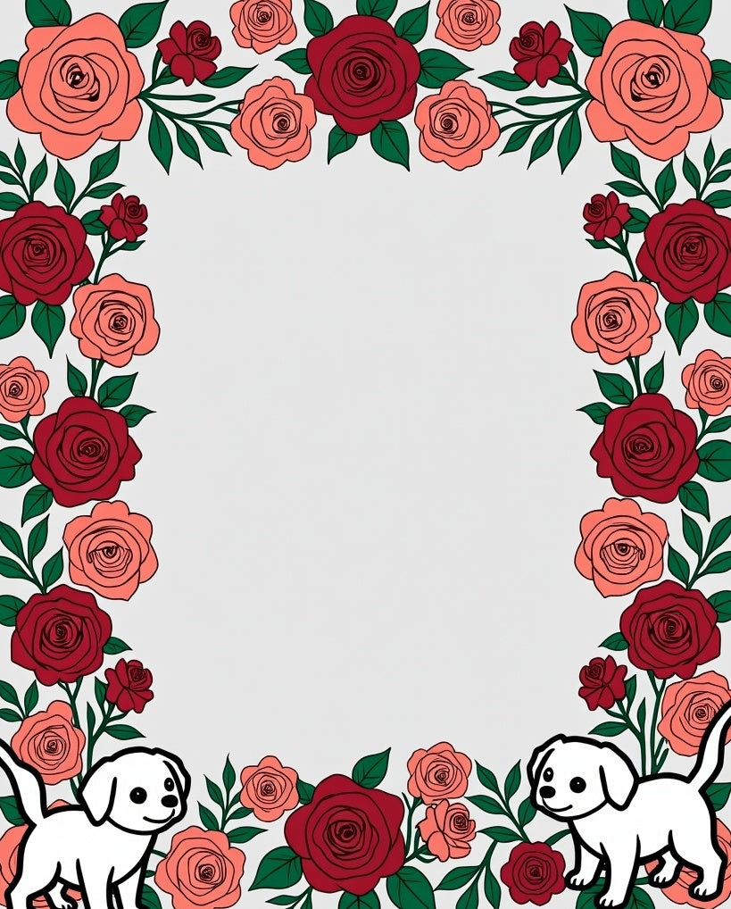 Crimson Coral Rose Puppy Garland Border Rug