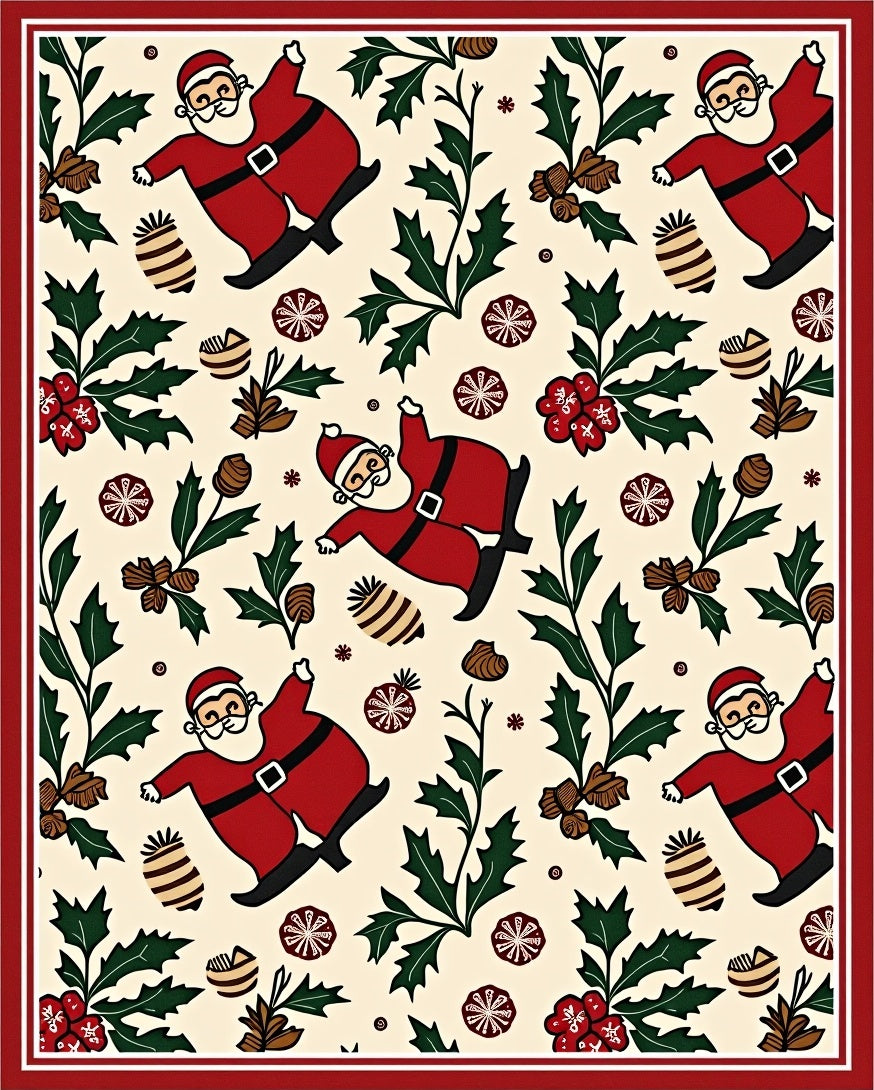 Jolly Santa Christmas Holly Garland Rug