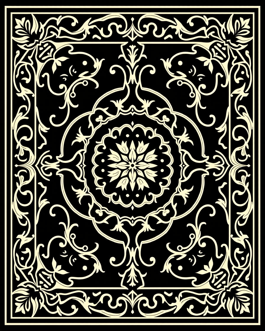 Black Cream Floral Scrollwork Medallion Rug