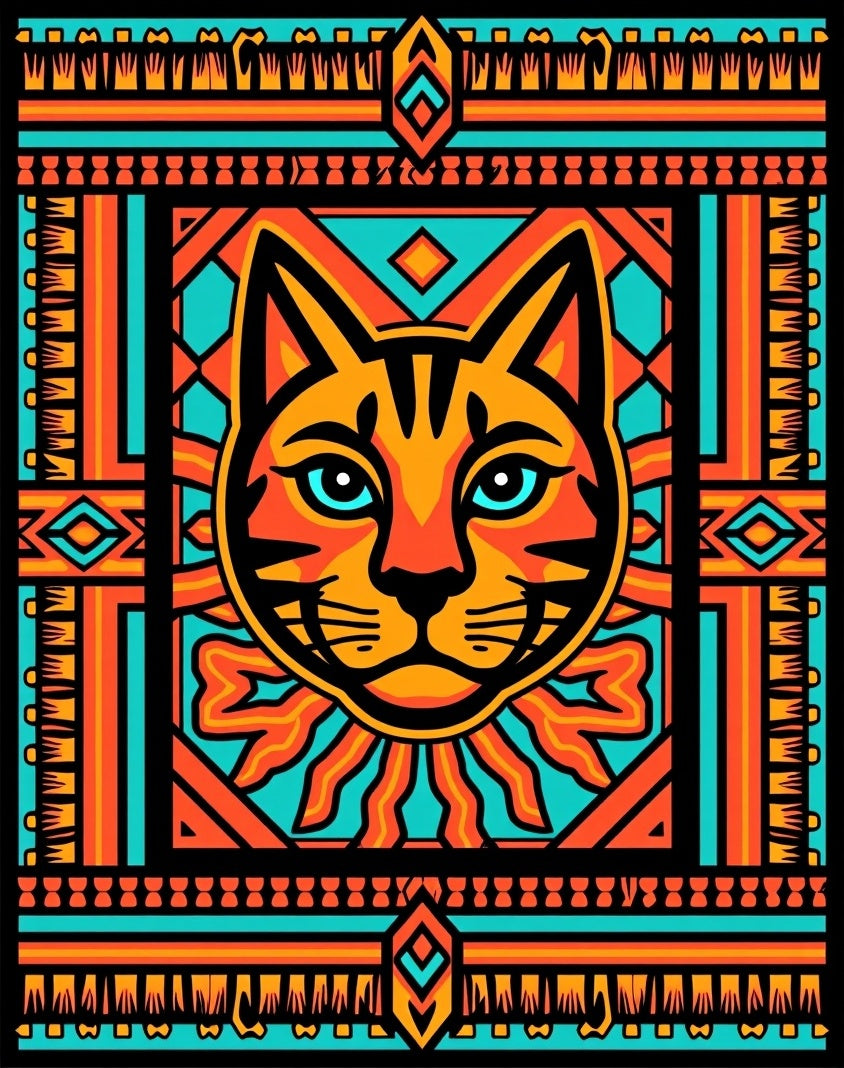 Vibrant Orange Blue Feline Geometric Rug