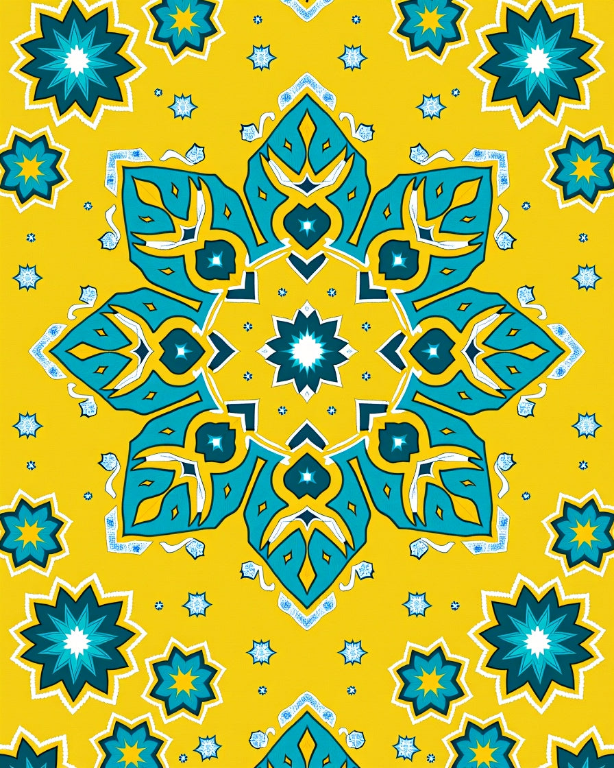 Bright Yellow Teal Starburst Mandala Rug