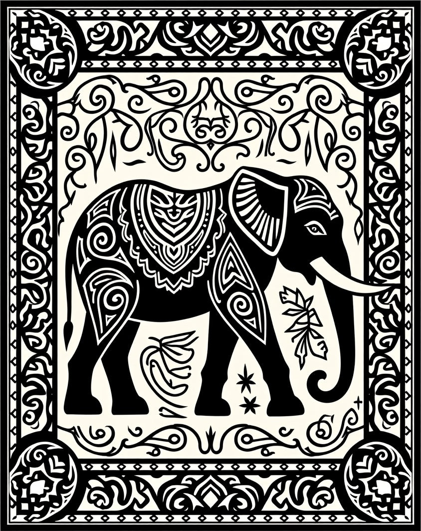 Black Ivory Ornate Elephant Panel Rug