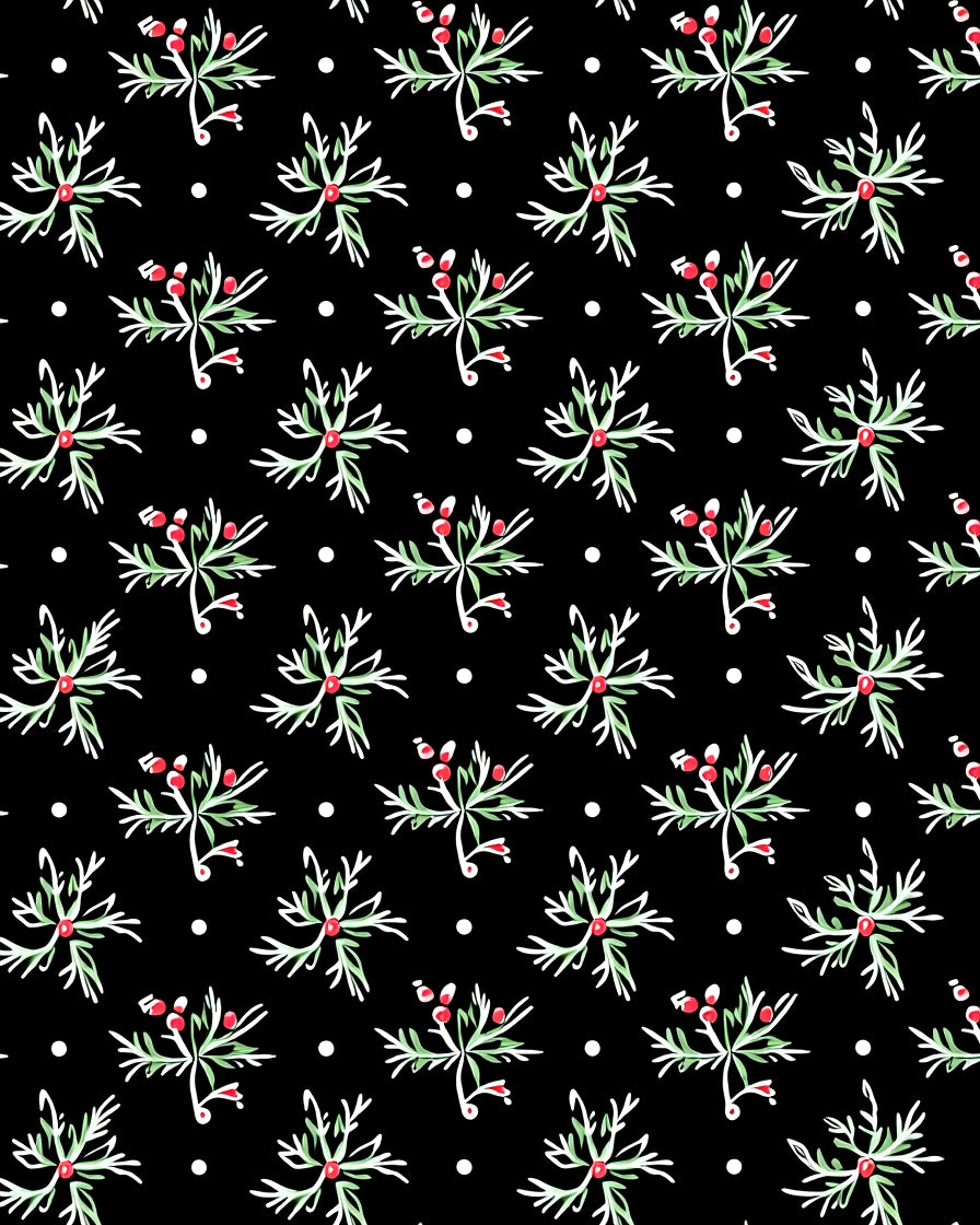 Ornate Leaf Berry Scattered Black Rug