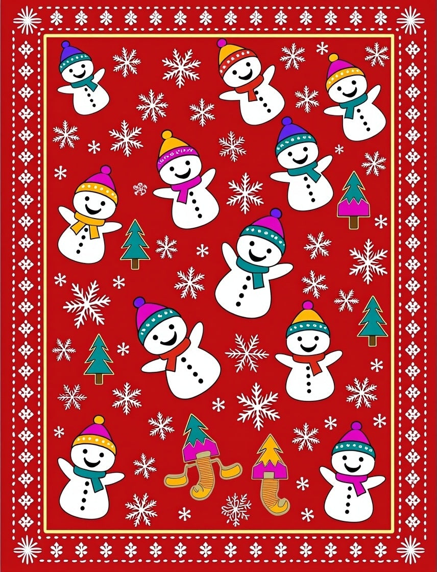 Playful Snowman Red Christmas Trees Rug