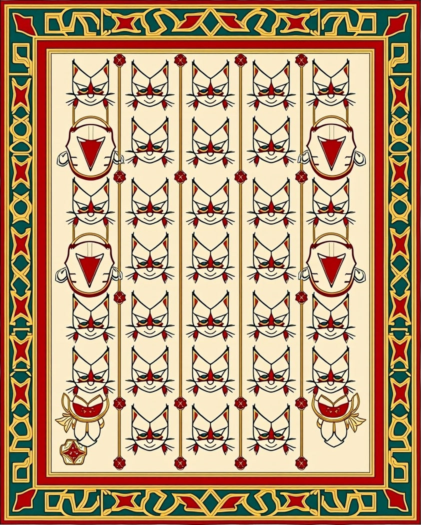 Whimsical Red Cat Border Cream Rug