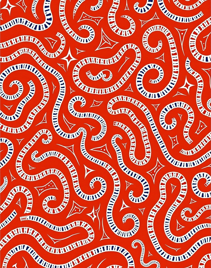 Vibrant Red Swirl Stripe Folk Art Rug