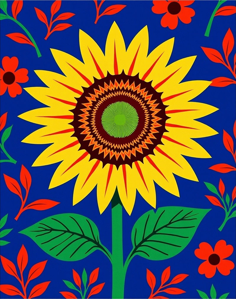 Bold Yellow Sunflower Red Leaf Medallion Rug