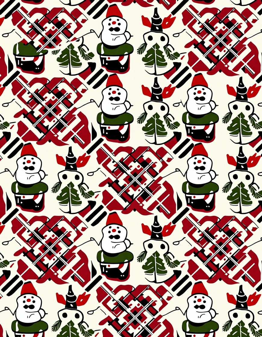 Crimson White Snowman Christmas Trees Rug