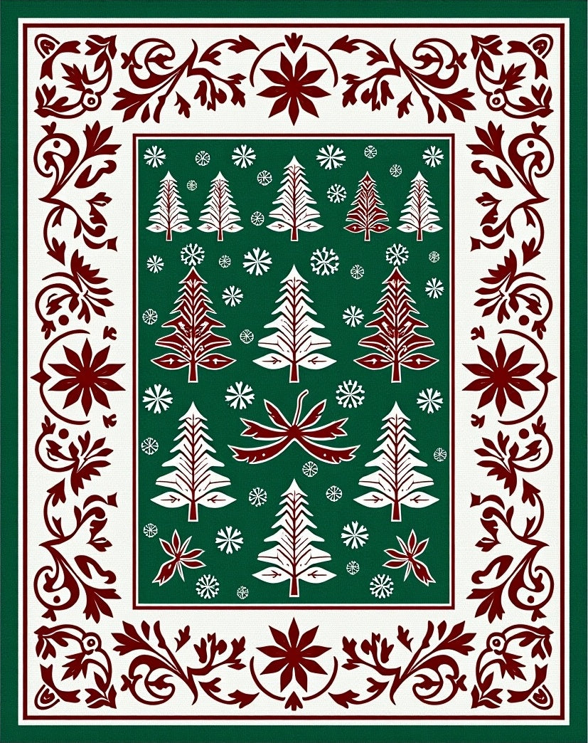Festive Green Red Pine Wreath Rug