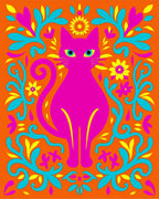 Vibrant Pink Cat Floral Swirls Rug