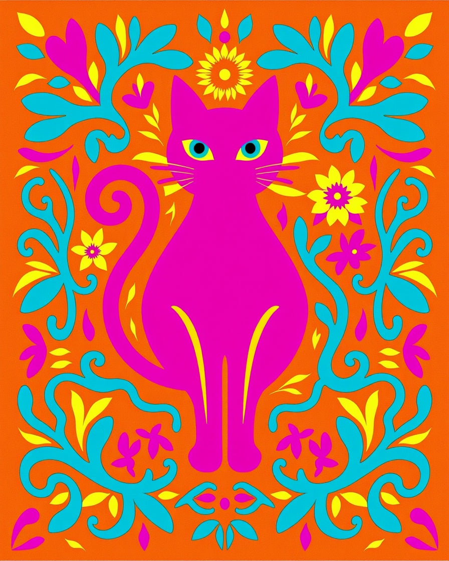 Vibrant Pink Cat Floral Swirls Rug