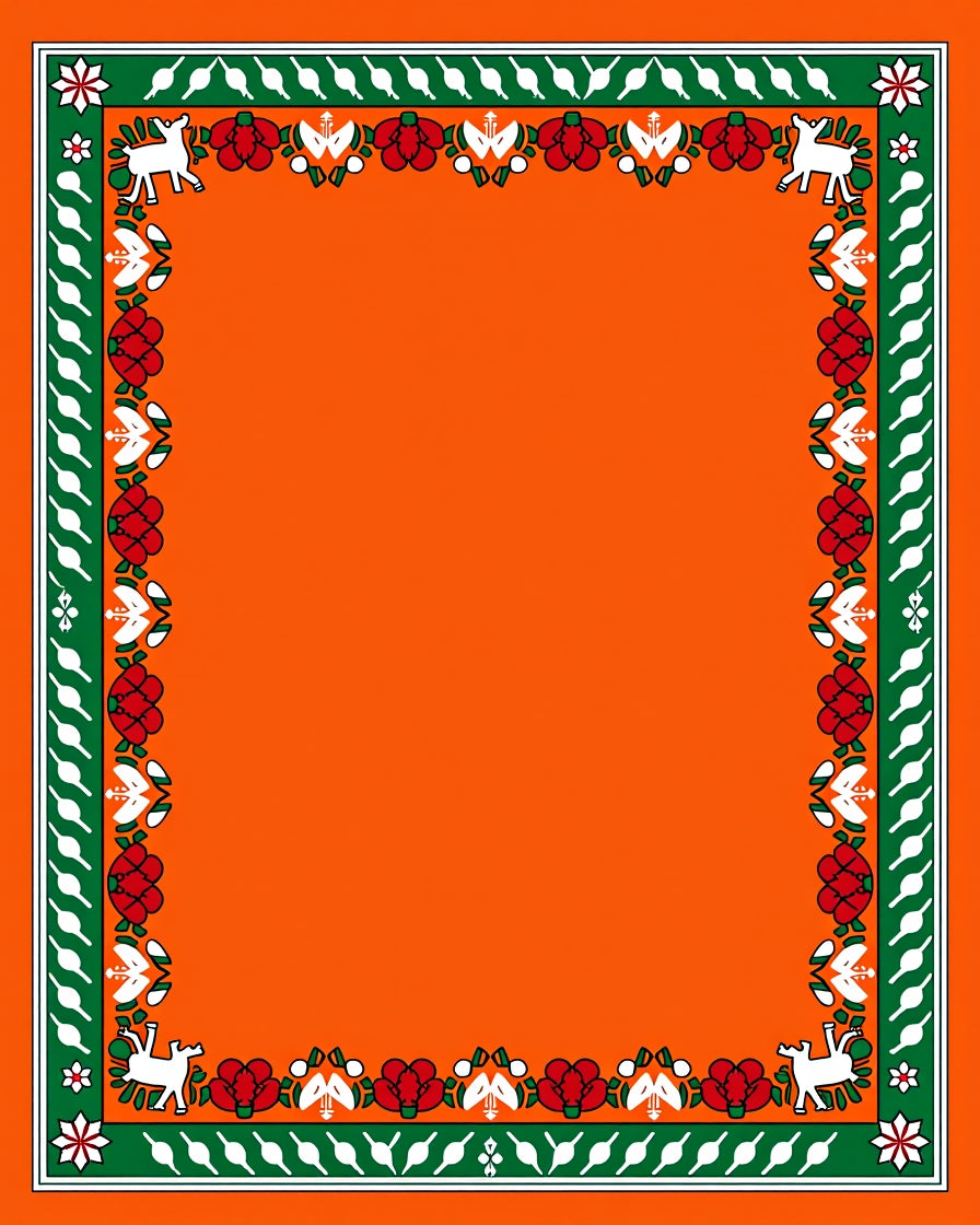 Orange White Red Green Animal Border Rug