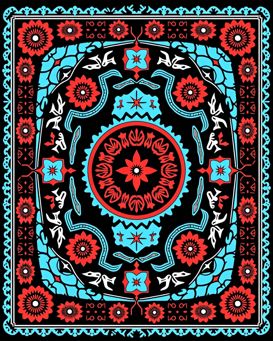 Vivid Scarlet Blue Floral Mandala Rug