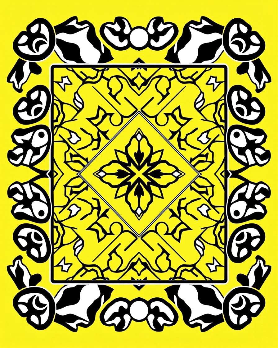 Yellow and Black Abstract Geometric Medallion Rug