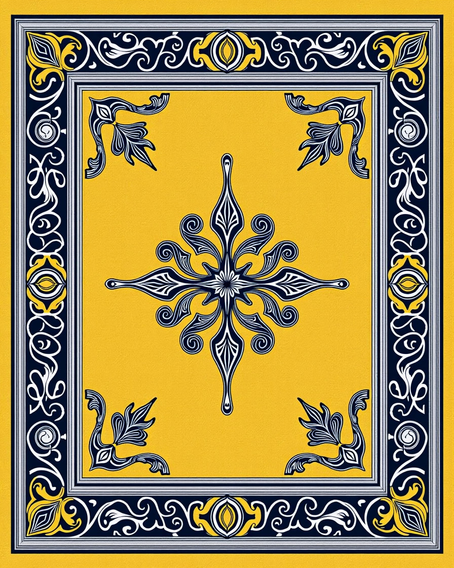 Yellow Blue Ornate Floral Medallion Rug