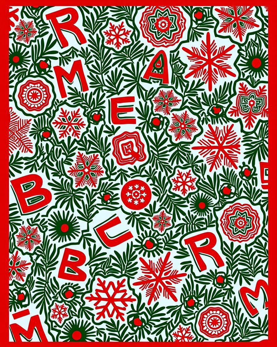 Red Green Christmas Letter Snowflake Collage Rug