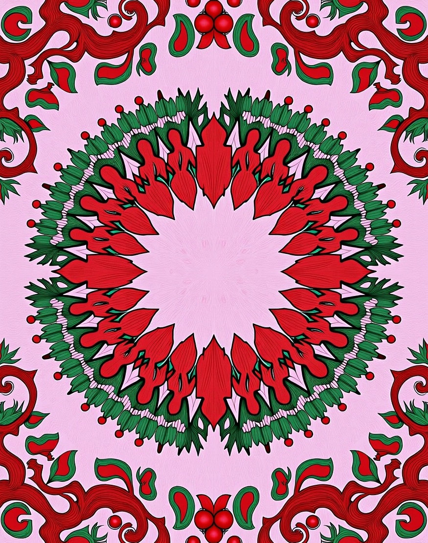 Pink Red Green Floral Mandala Rug